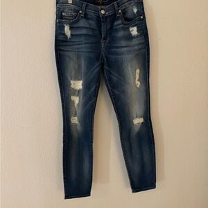 7 For All Mankind Dark Blue Distressed Ankle Jeans